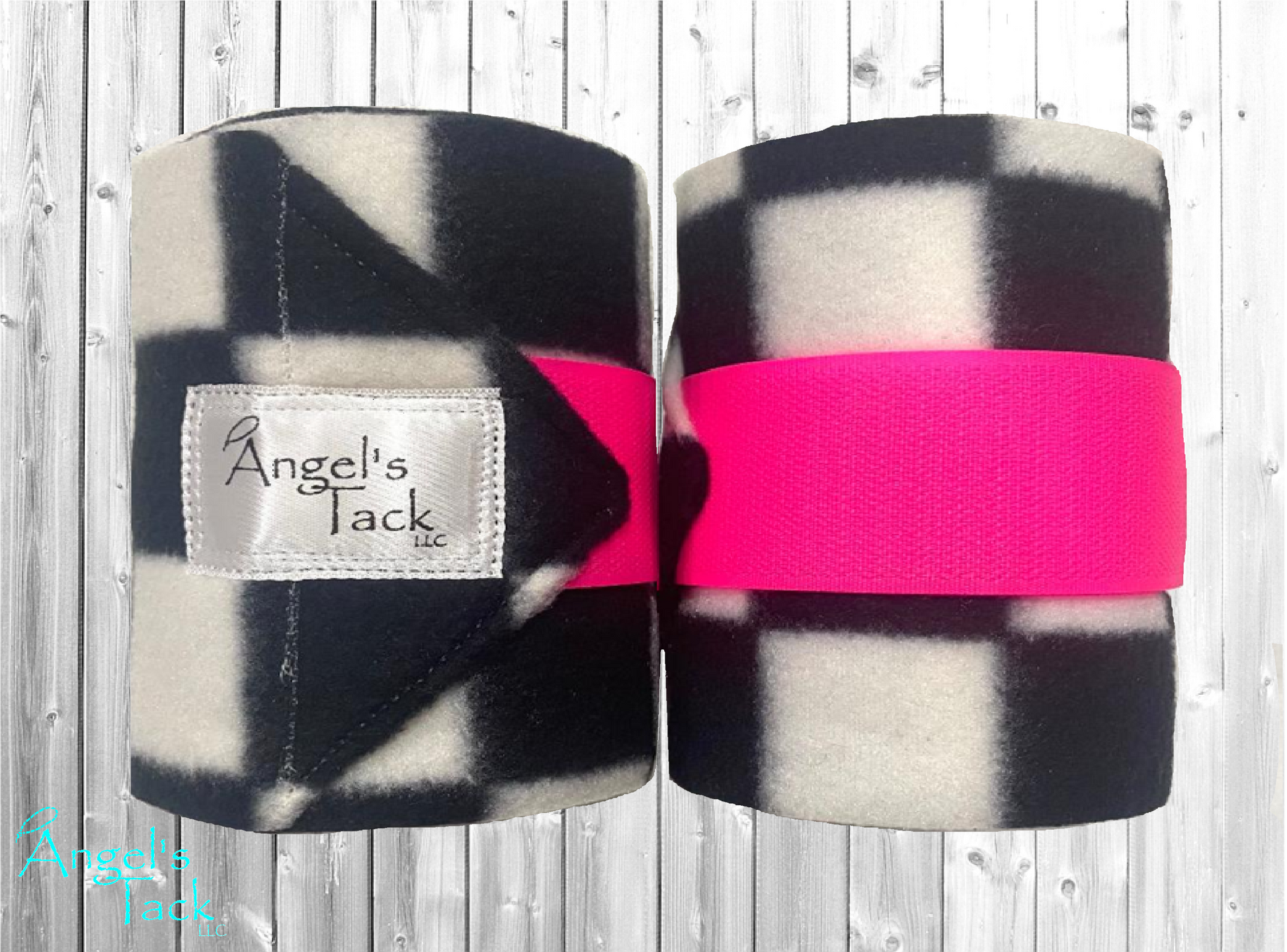 Pair of hot pink, black, and white checker polo wraps