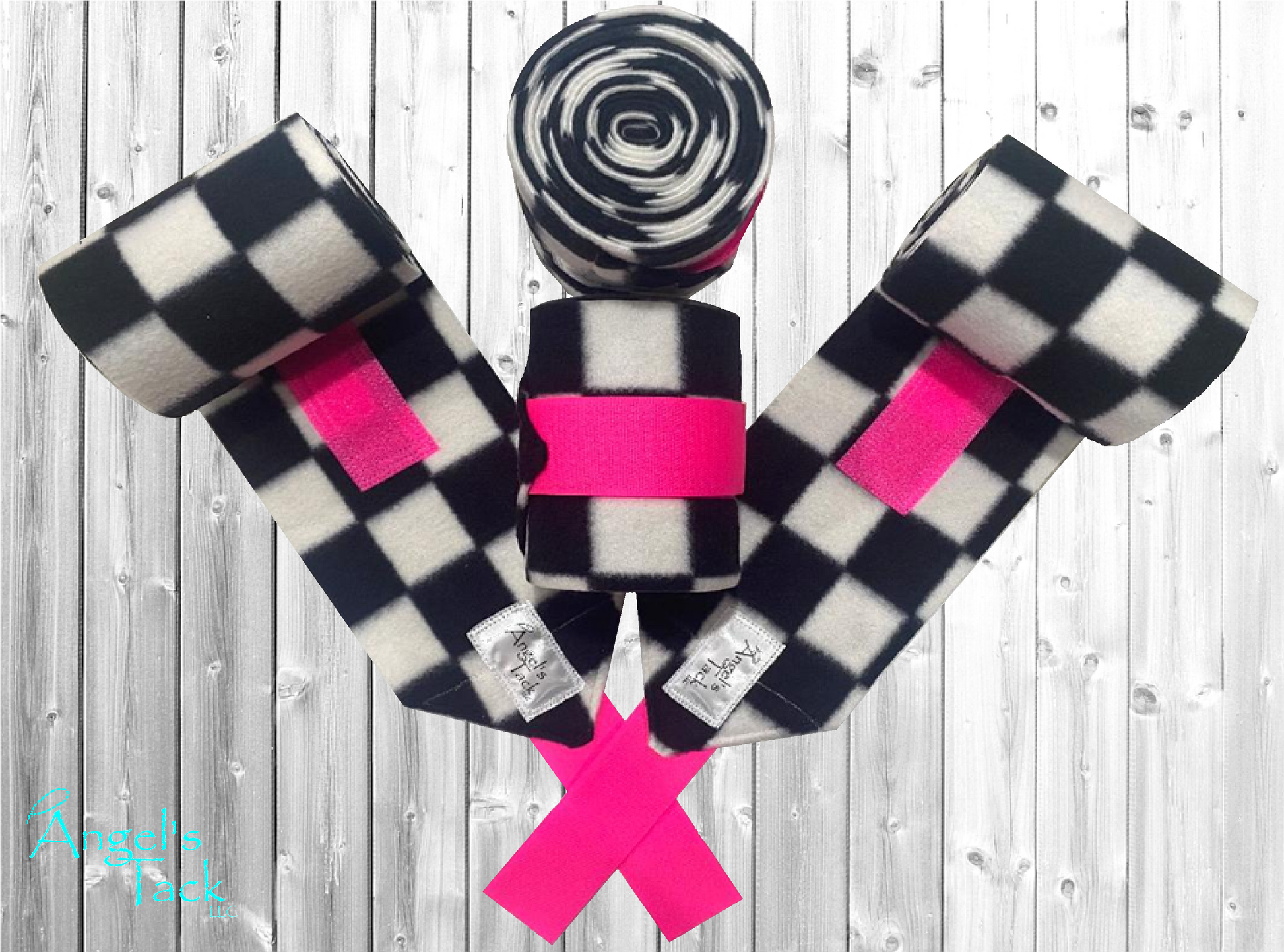Hot pink, black, and white checker polo wraps