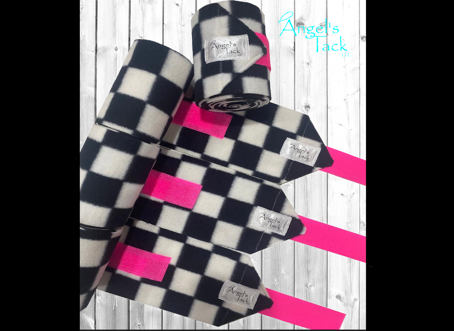 Hot pink, black, and white checker polo wraps, unrolled