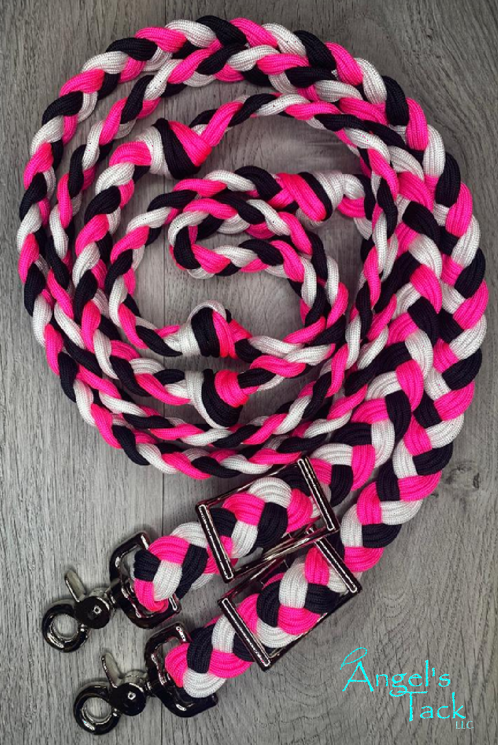 Hot pink, black, and white checker barrel reins, vertical