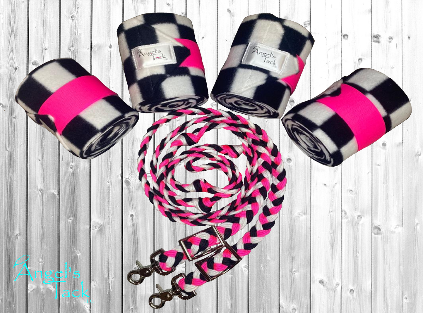 Hot pink, black, and white checker tack set, horizontal