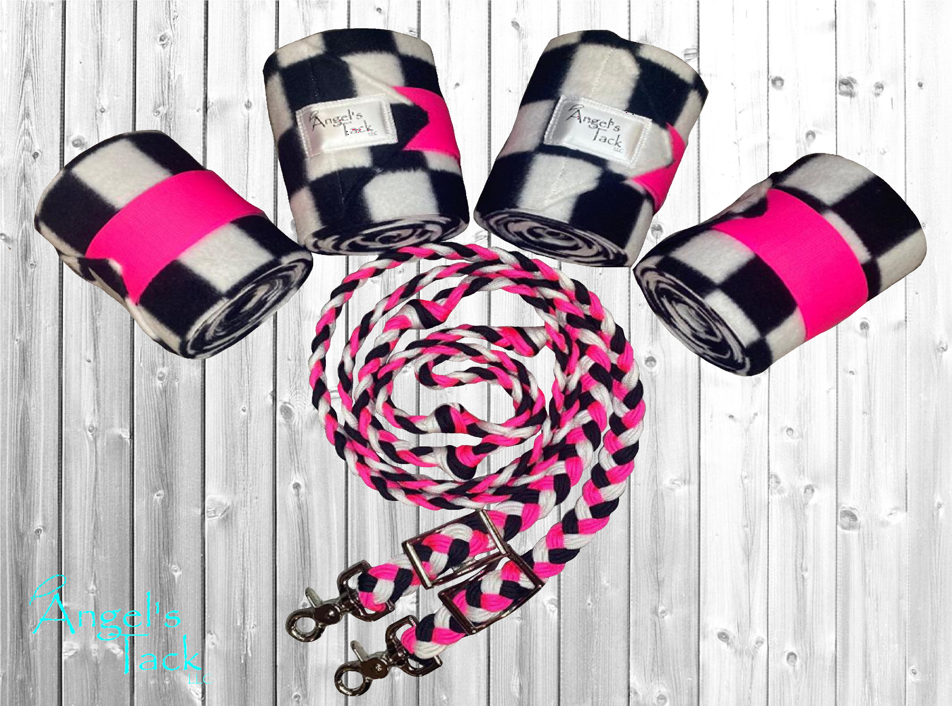 Hot pink, black, and white checker tack set, horizontal