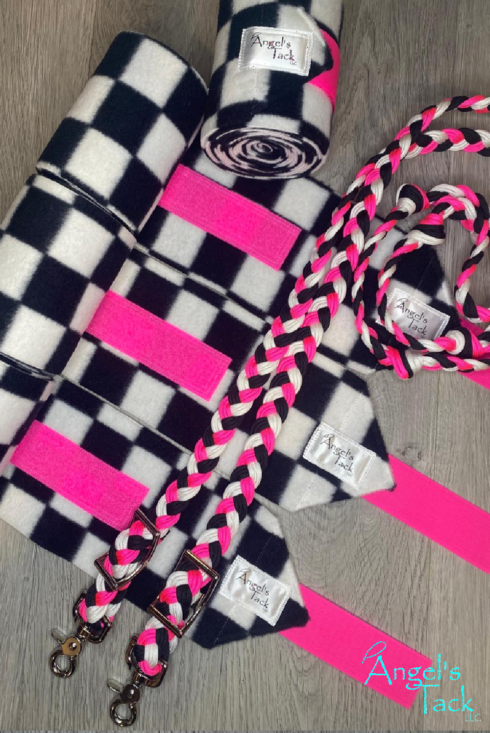 Hot pink, black, and white checker tack set, vertical