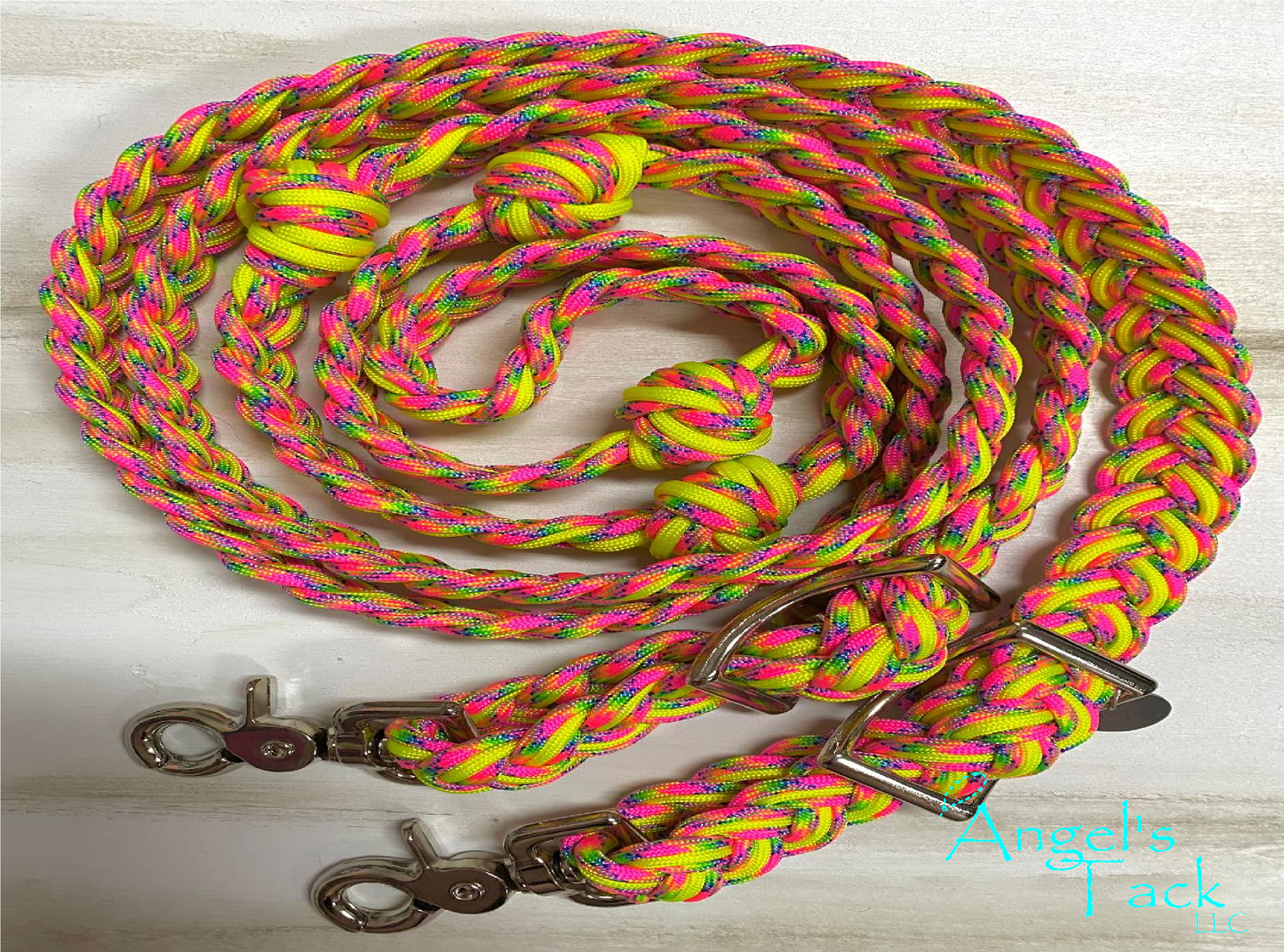 Hot pink and neon yellow barrel reins