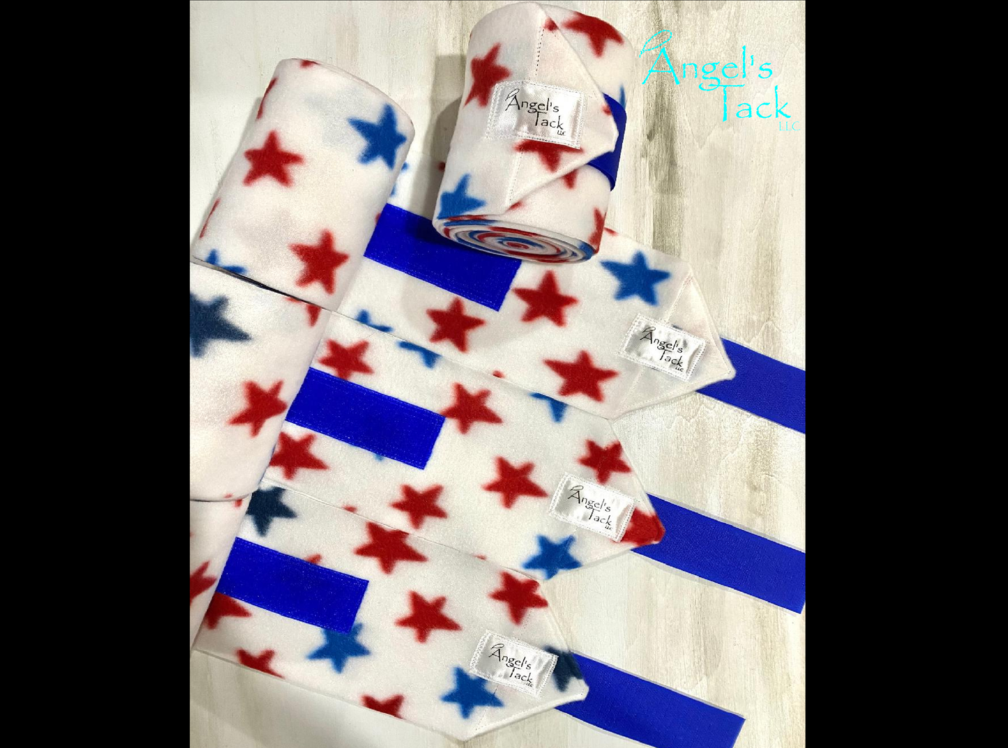 Red, white, and blue patriotic star print horse polo wraps, unrolled