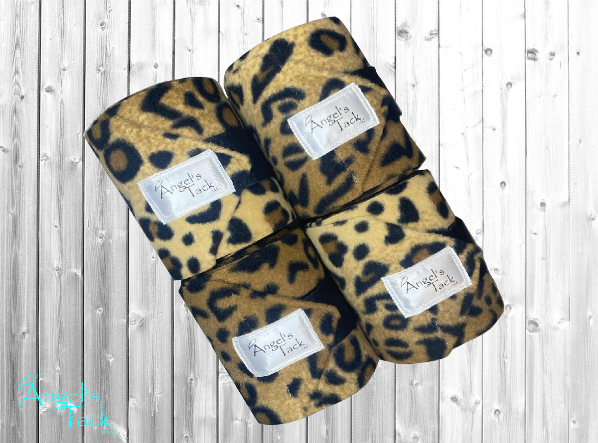 A set of four leopard print horse polo wraps by Angel's Tack LLC.