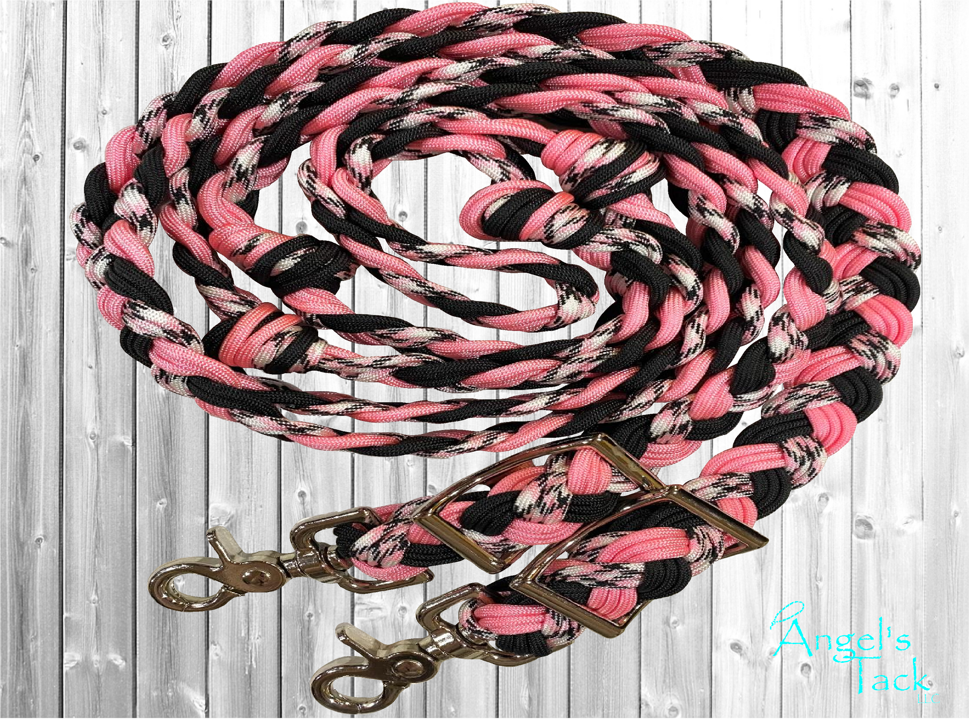Pink and black barrel reins