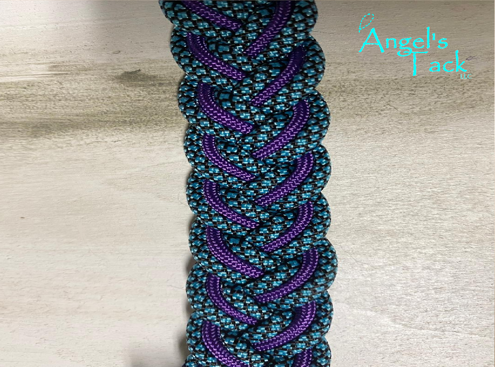 Purple and teal barrel reins, close up