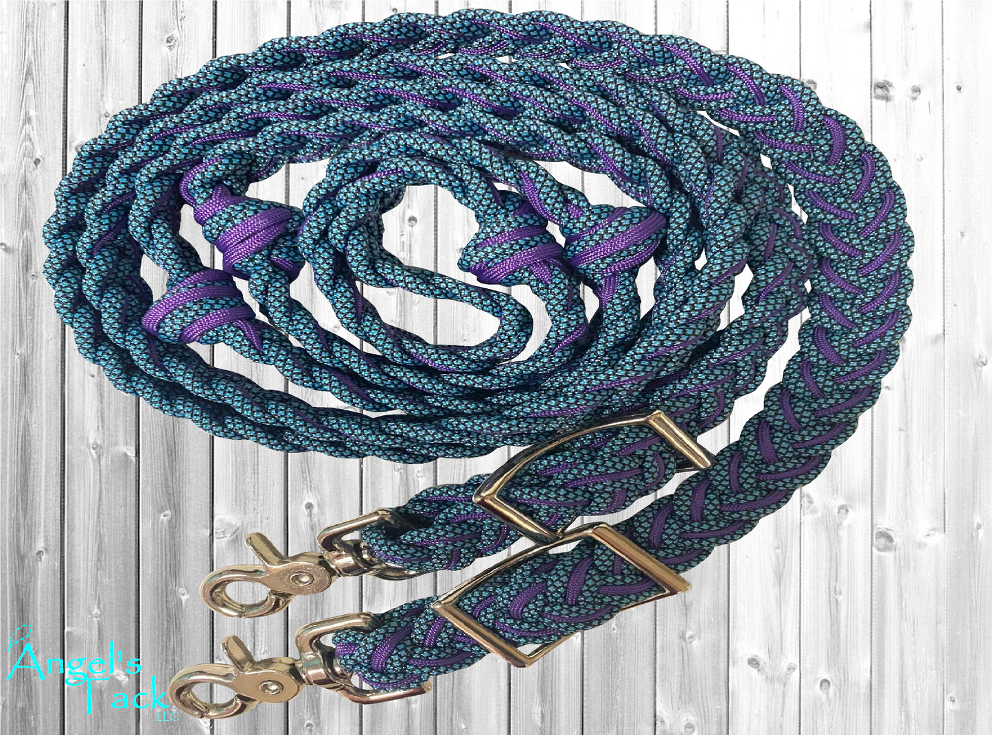 Purple and teal barrel reins