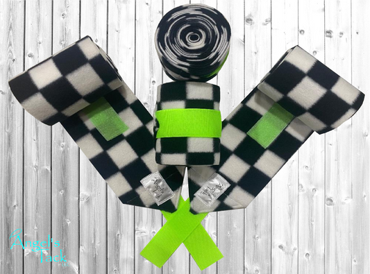 Black and white checker polo wraps with neon green velcro