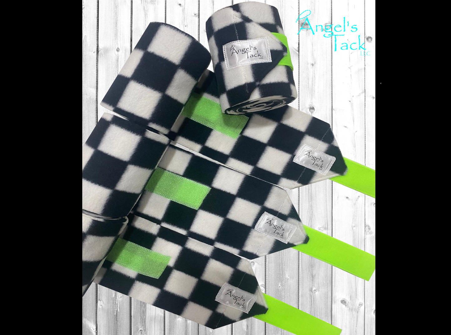 Black and white checker polo wraps with neon green velcro, unrolled