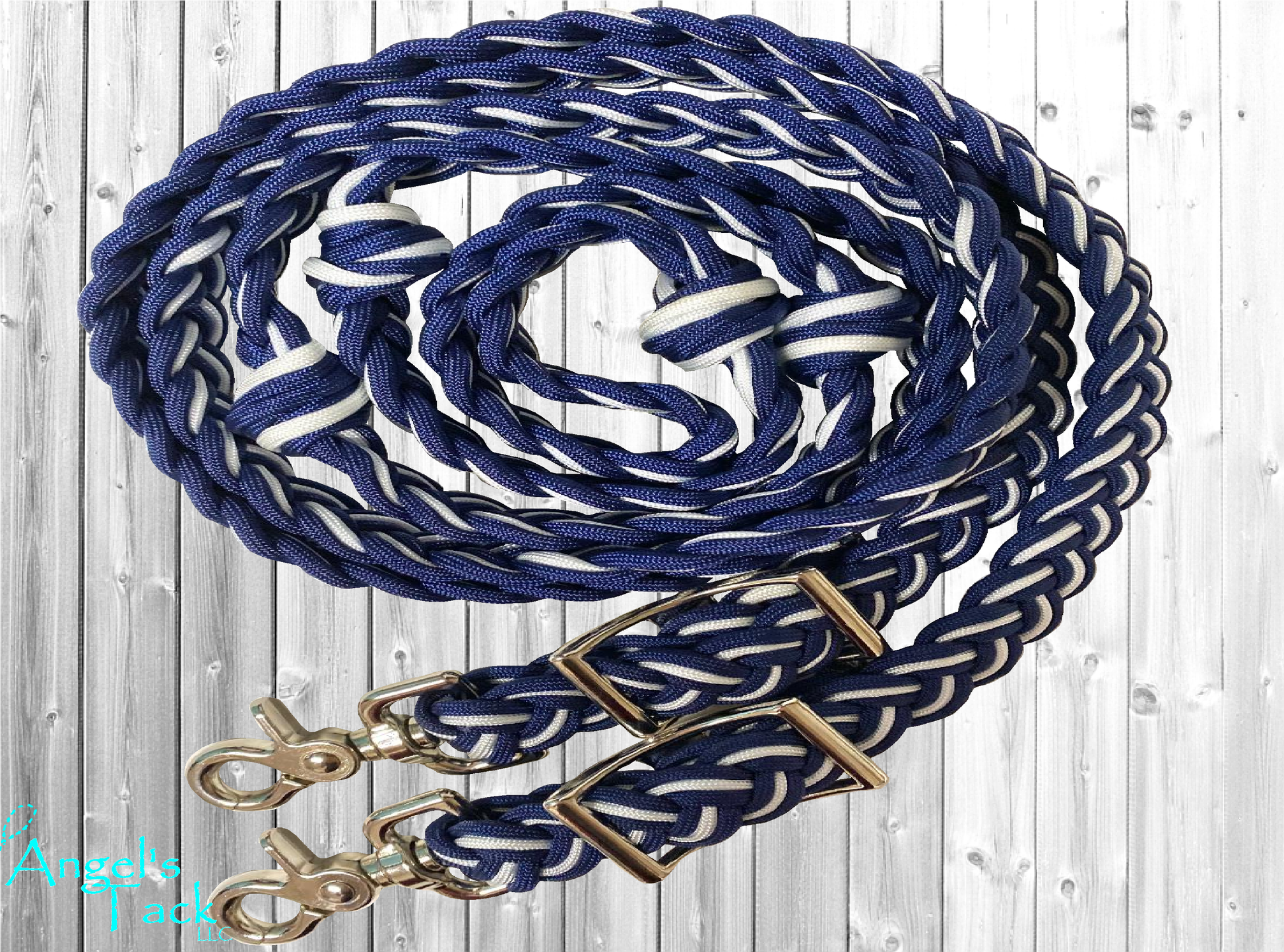 Navy and white barrel reins