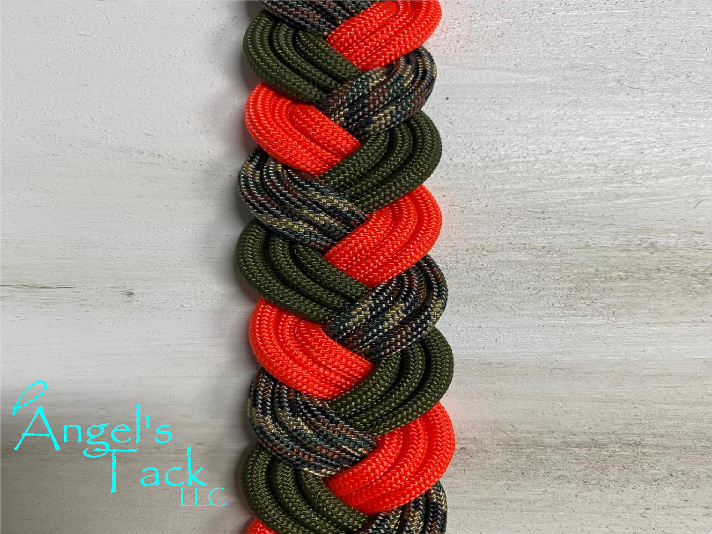 Neon orange camo barrel reins, close up