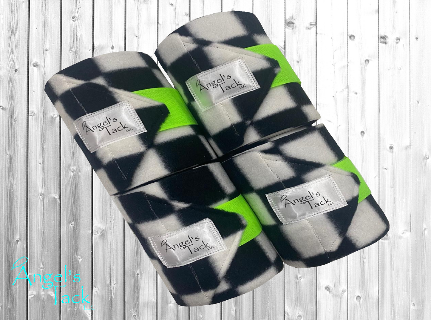 Pack of four black and white checker polo wraps with neon green velcro