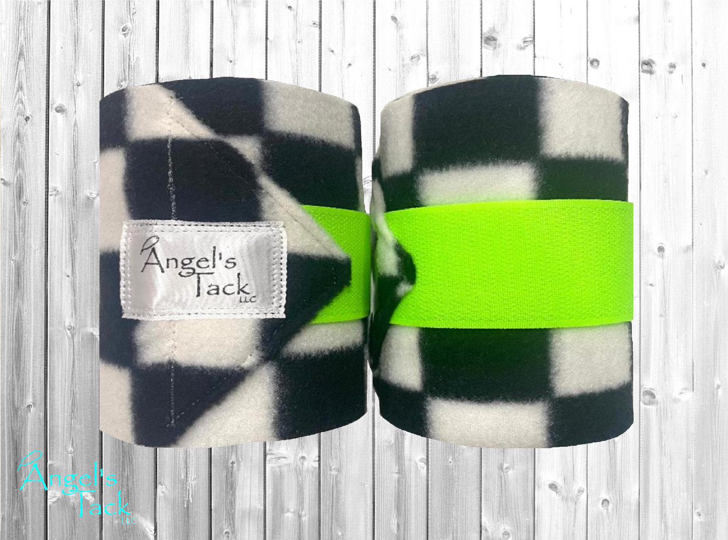 Pair of black and white checker polo wraps with neon green velcro