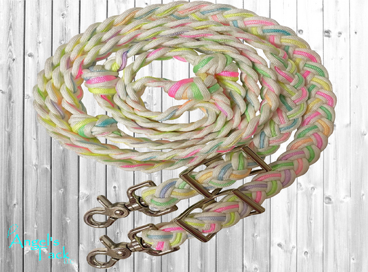 Pastel rainbow and white braided paracord barrel reins