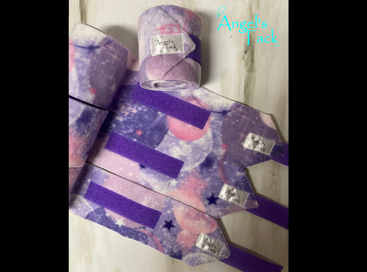 Pink and purple galaxy polo wraps, unrolled