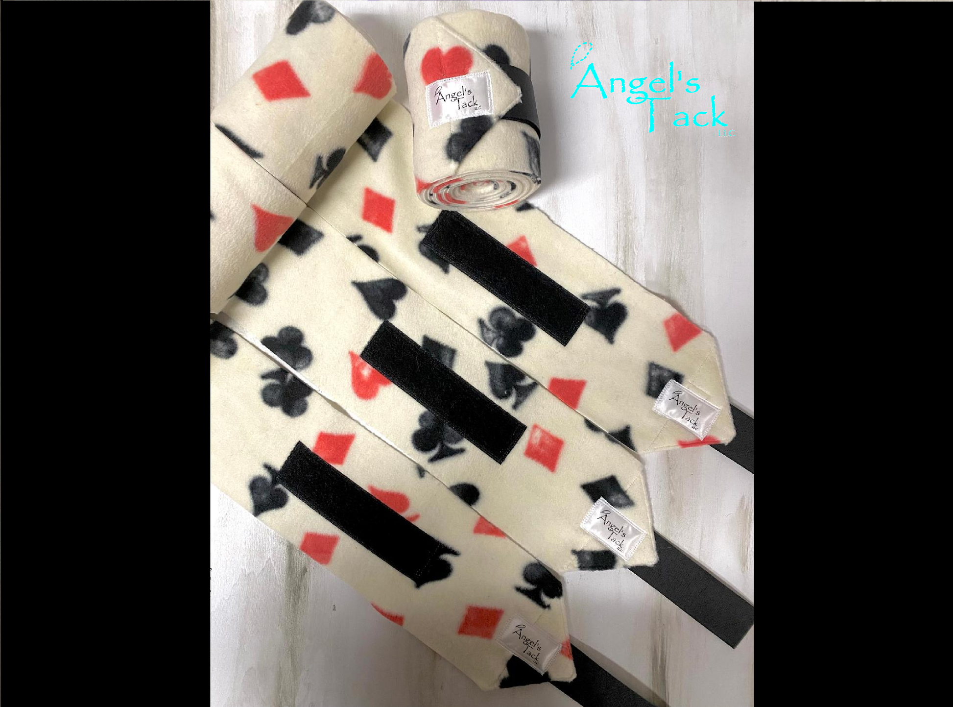 Heart and spade print horse polo wraps, unrolled