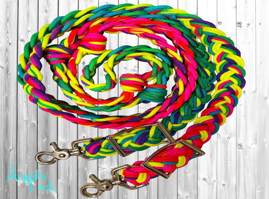 Rainbow braided paracord barrel reins