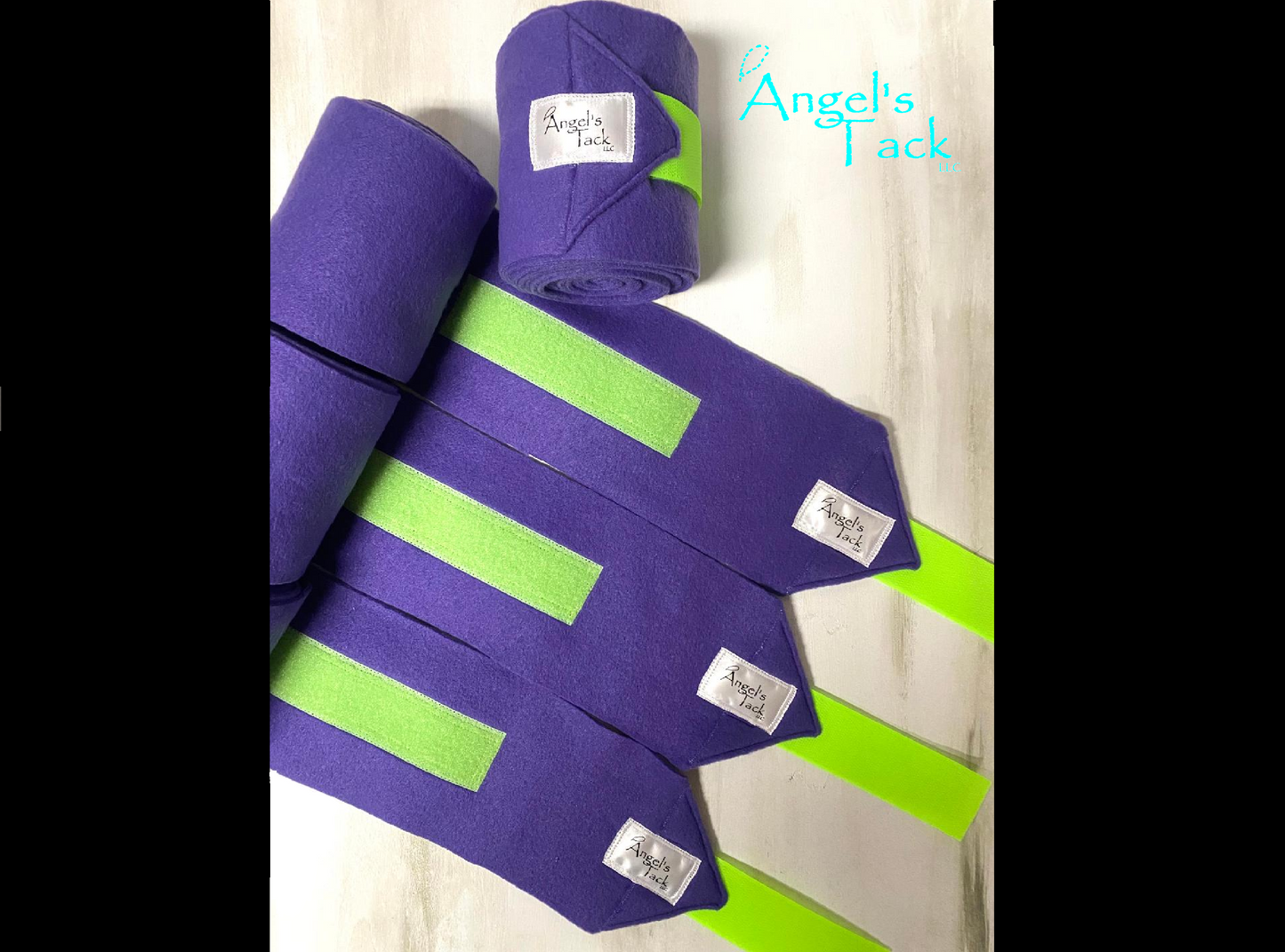 Purple and neon green polo wraps, unrolled