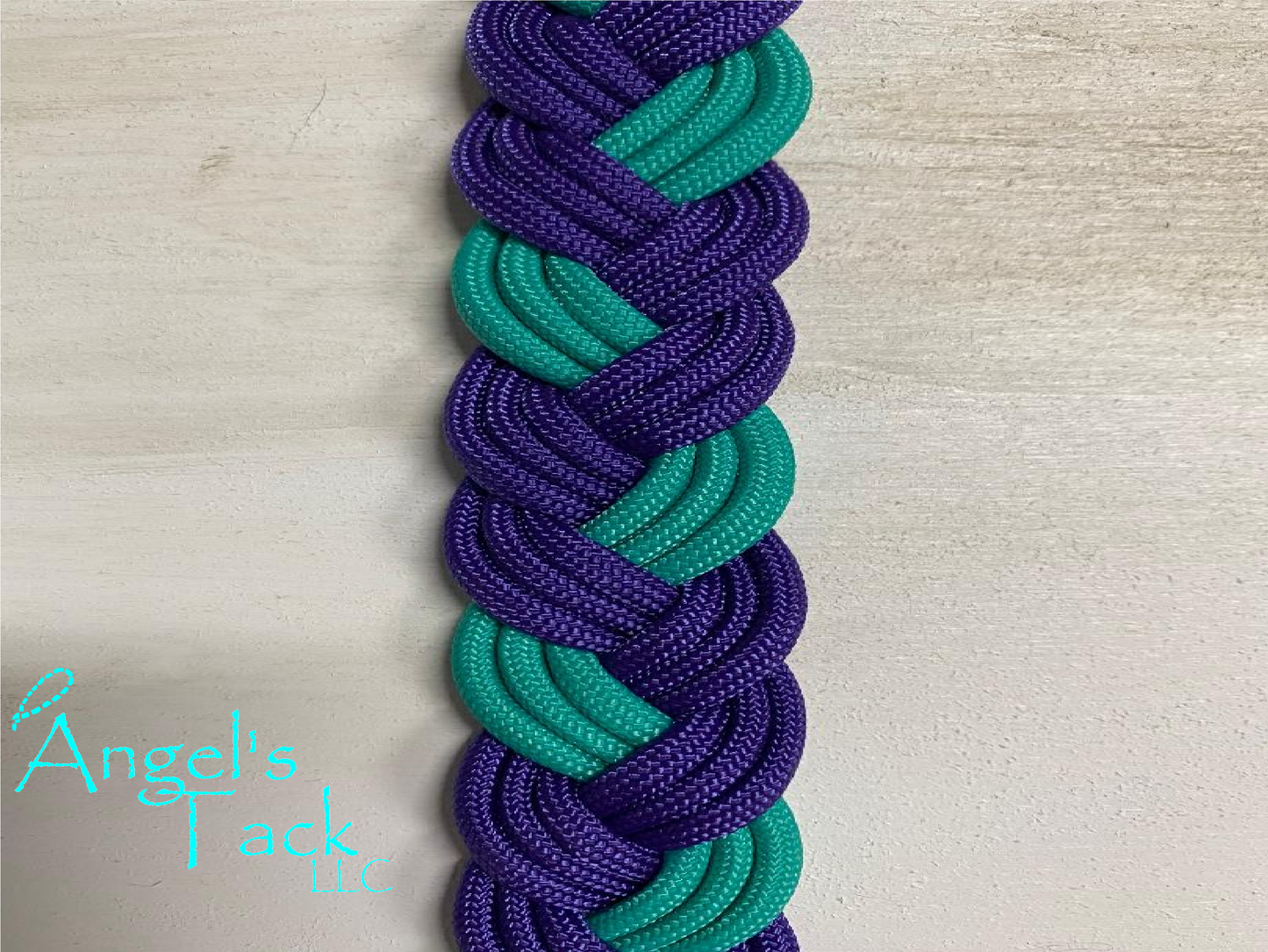 Purple and teal barrel reins, close up