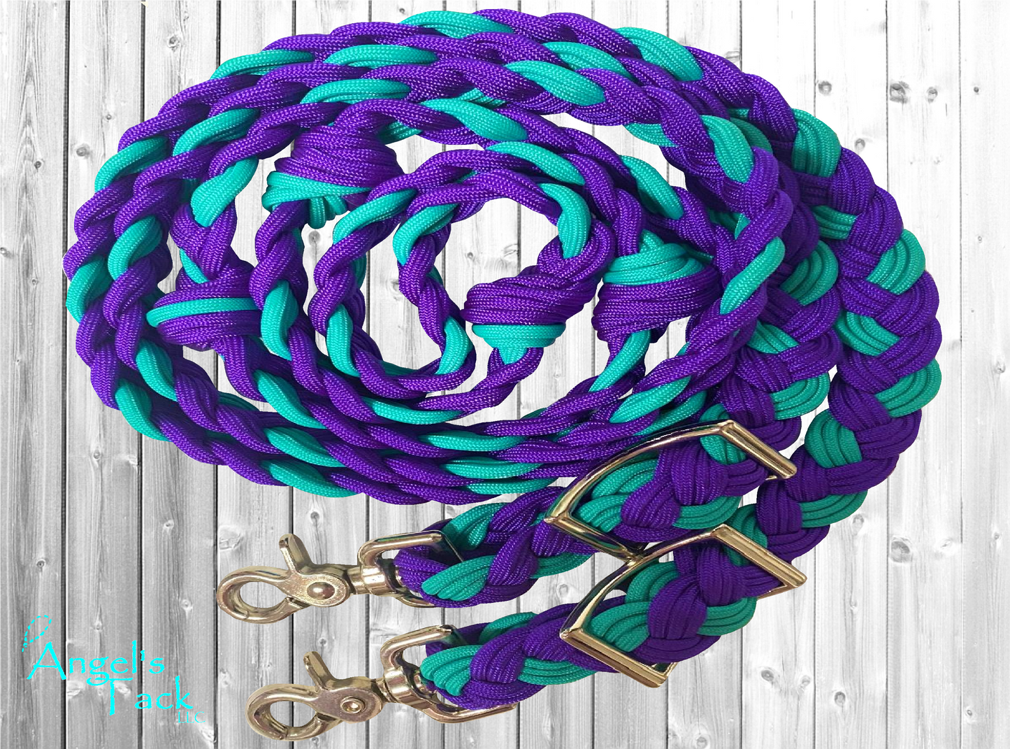 Purple and teal barrel reins