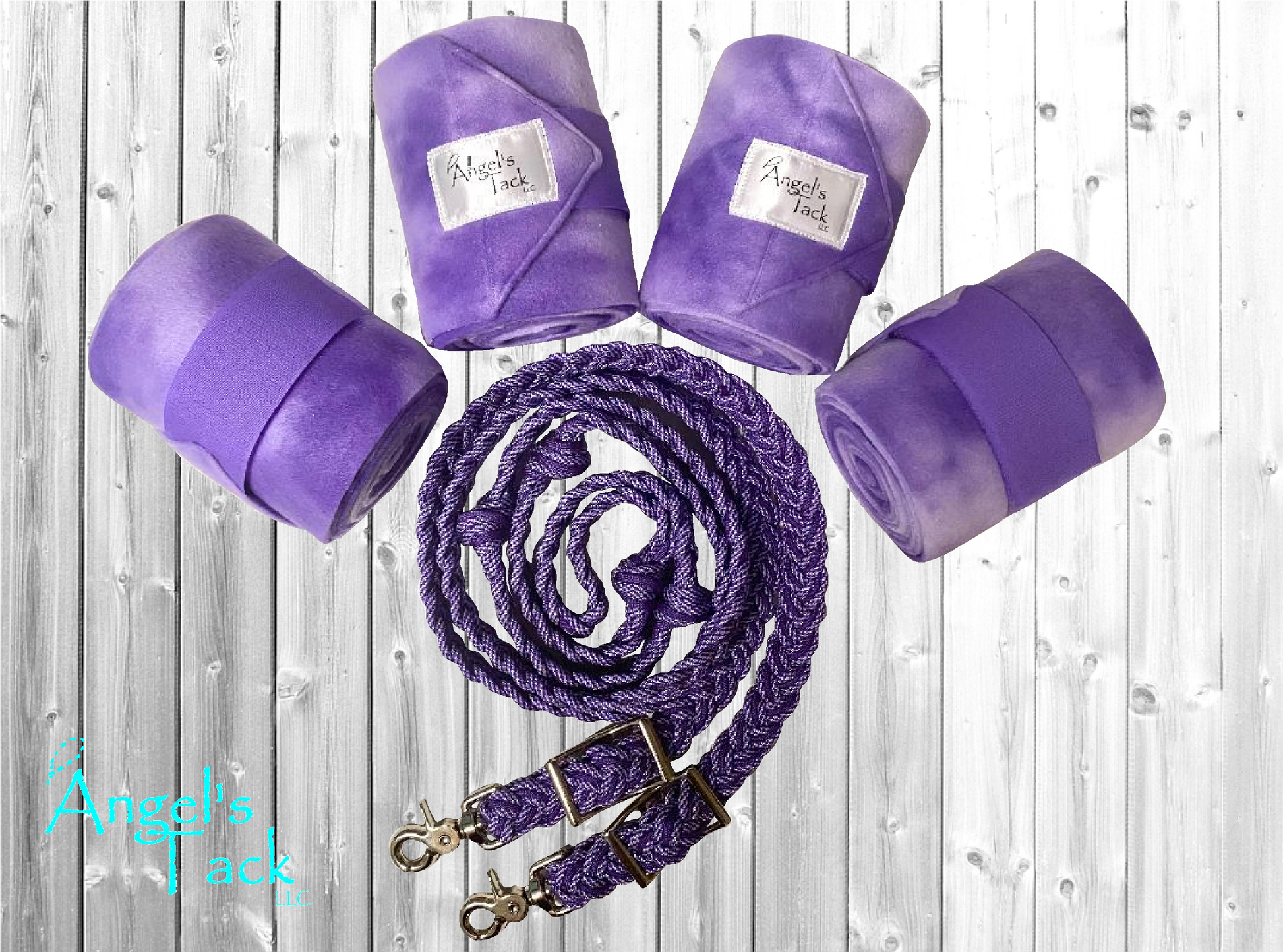 Purple patterned braided paracord barrel reins and polo wrap set