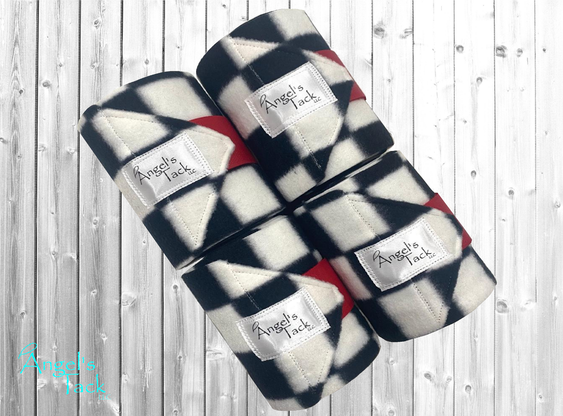 Pack of four black and white checker polo wraps with red velcro