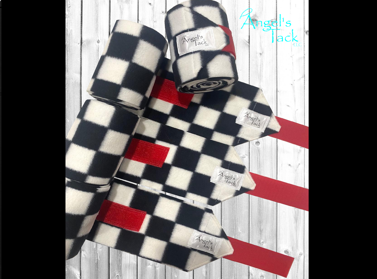 Black and white checker polo wraps with red velcro, unrolled