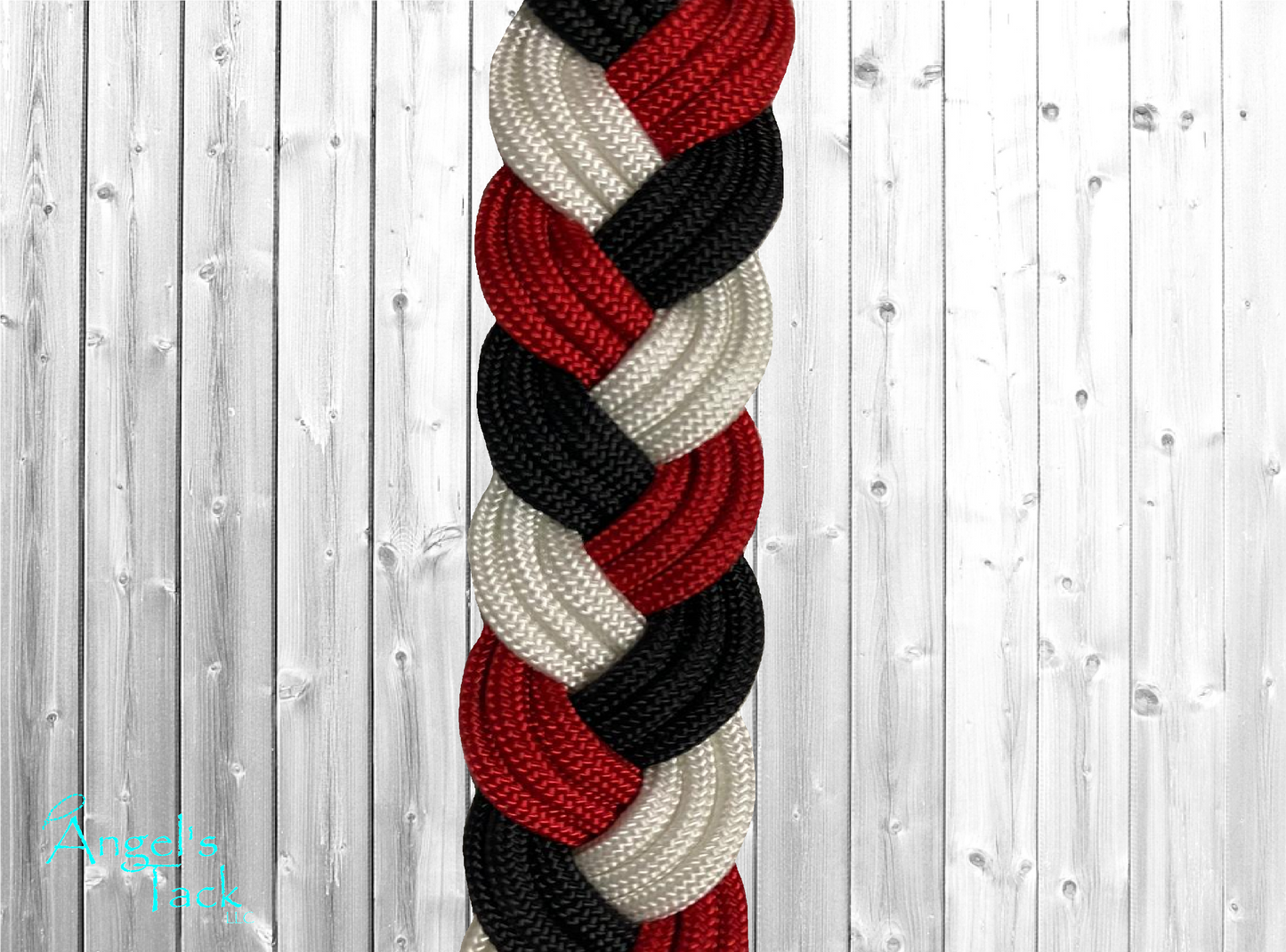 Red black and white barrel reins, close up