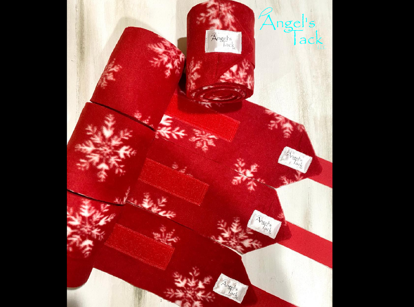 Red and white snowflake polo wraps, unrolled