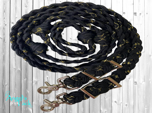 Gold and black barrel reins