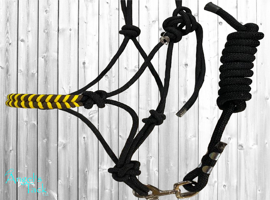 Black horse rope halter with yellow and brown sunflower paracord braided noseband