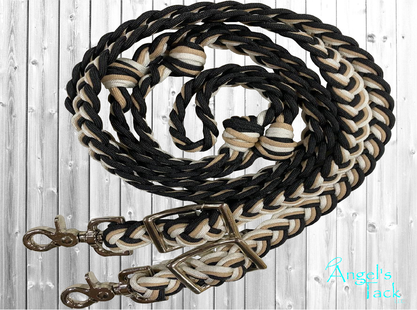 Tan black and white barrel reins