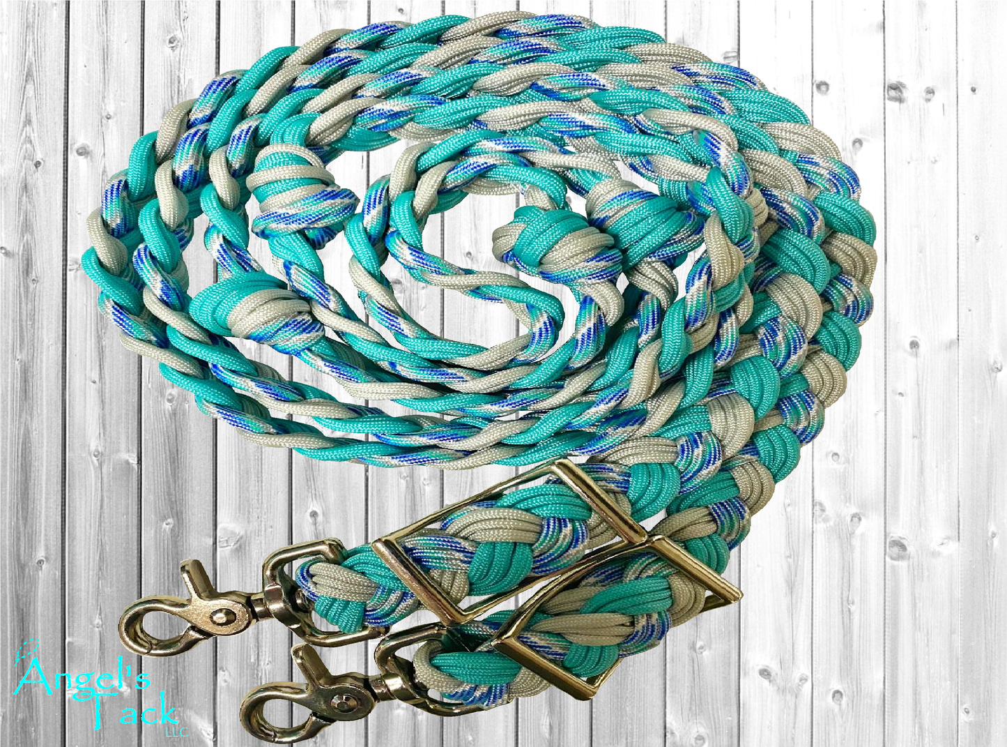 Turquoise and grey barrel reins