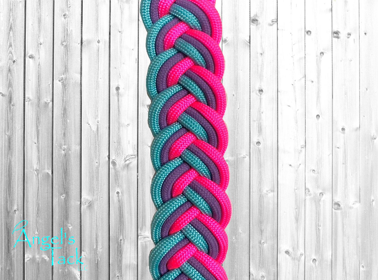 Turquoise hot pink and purple barrel reins, close up