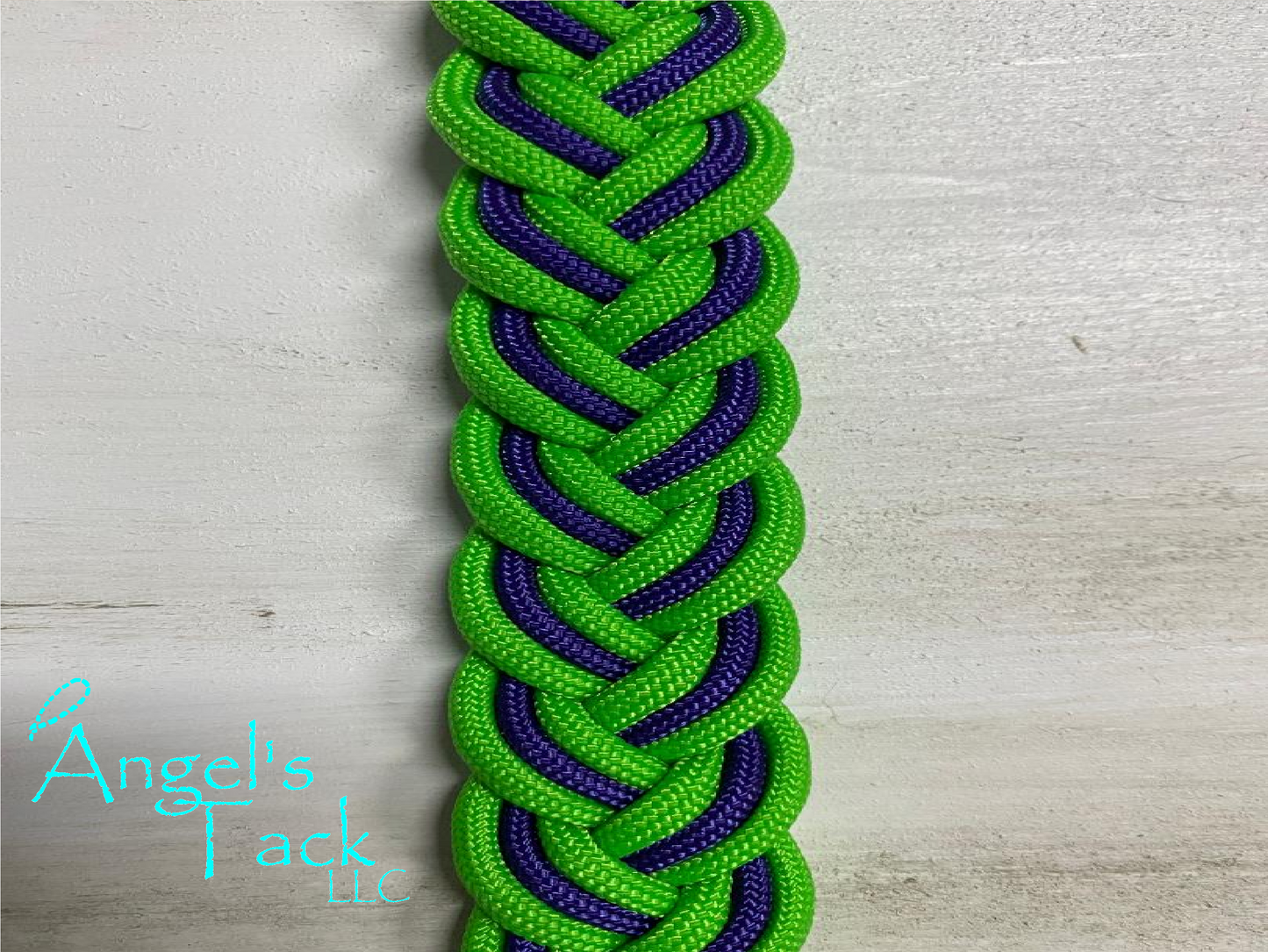 Neon green and purple barrel reins, close up