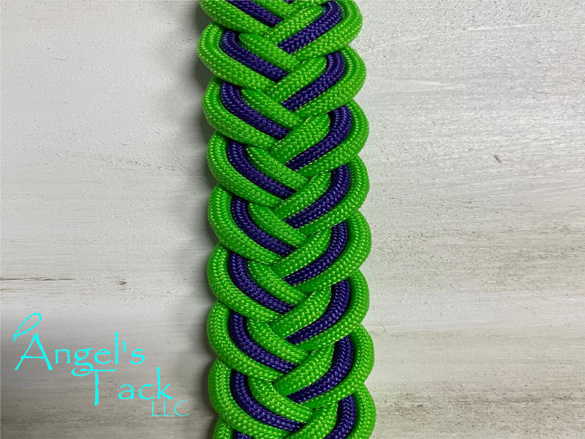 Neon green and purple barrel reins, close up